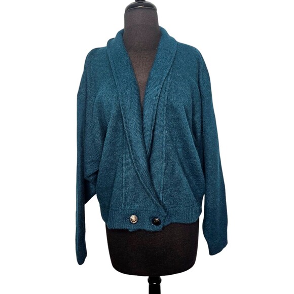 Vintage EXPRESS Angora Blend Cardigan Sweater Large Teal Green Preppy Academia - Picture 1 of 7
